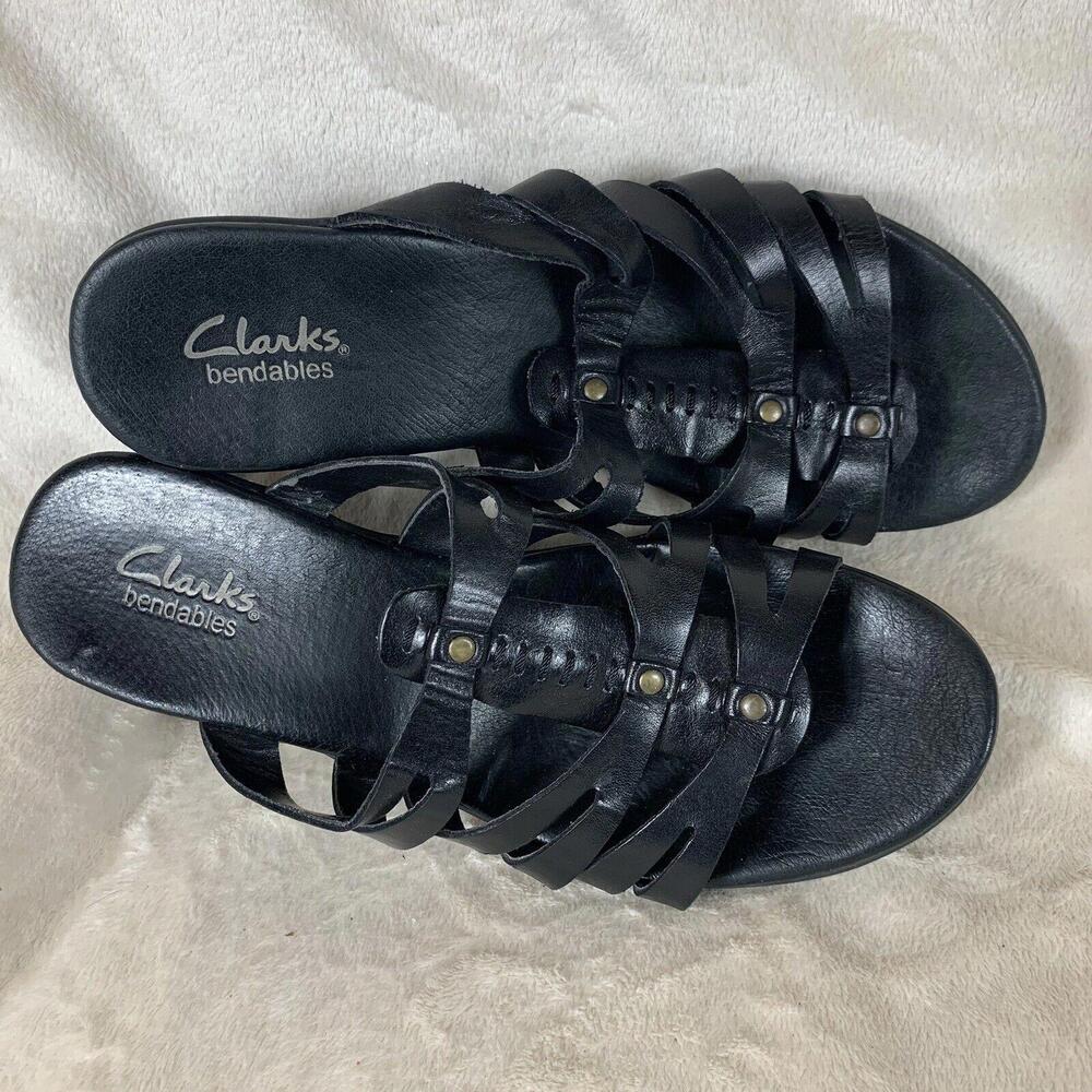 Clarks Bendables Womens 7M Slides Sandals Black Strappy Wedge Leather Slip On - Picture 2 of 11